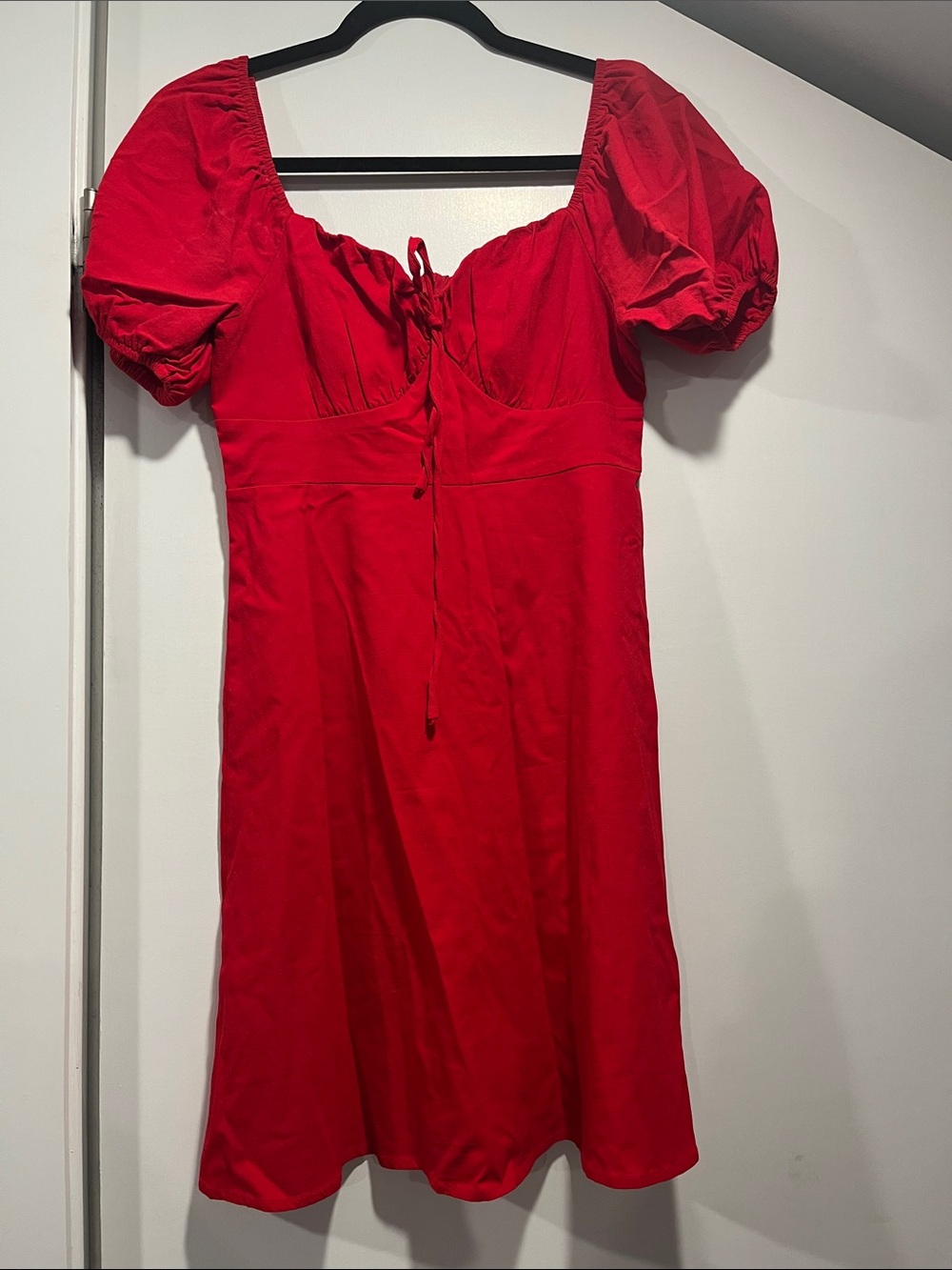 Red Puff-Sleeve Mini Dress with Tie Front